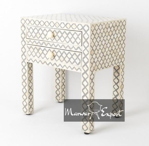 Bone Inlay Bedside Table 2 Drawer in Grey