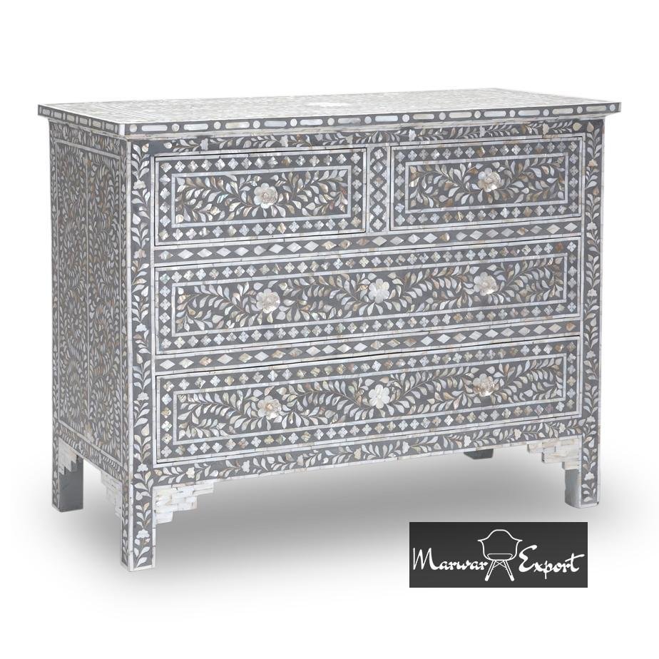 Mother of Pearl Inlay Chest of 4 Drawer in Grey