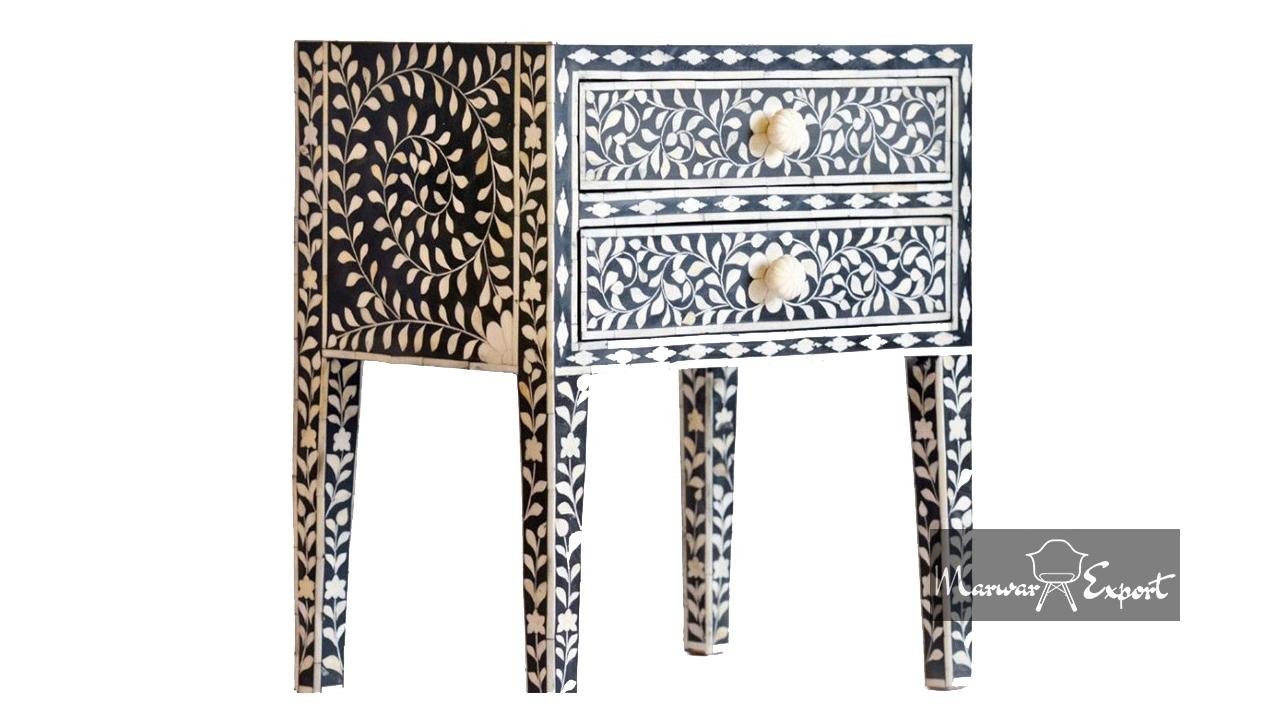 Bone Inlay 2 Drawer Bedside Table in Black
