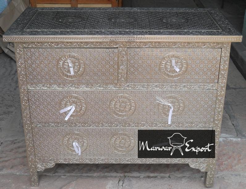 White Metal Embossed Chest of 4 Drawer