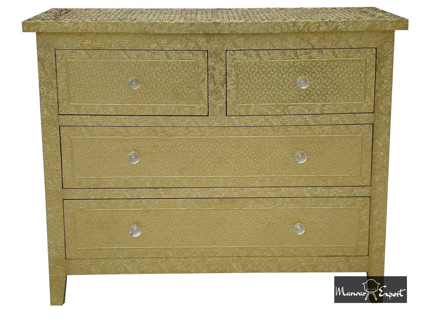 Gold Brass Embossed Metal Chest of Drawer