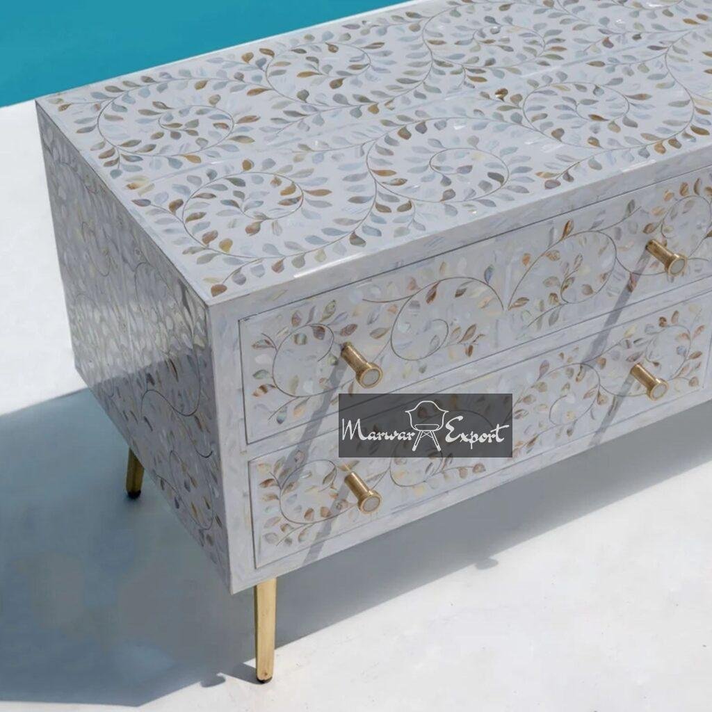 Antique Handmade Mother of Pearl Floral White TV Unit Entertainment 4 ...