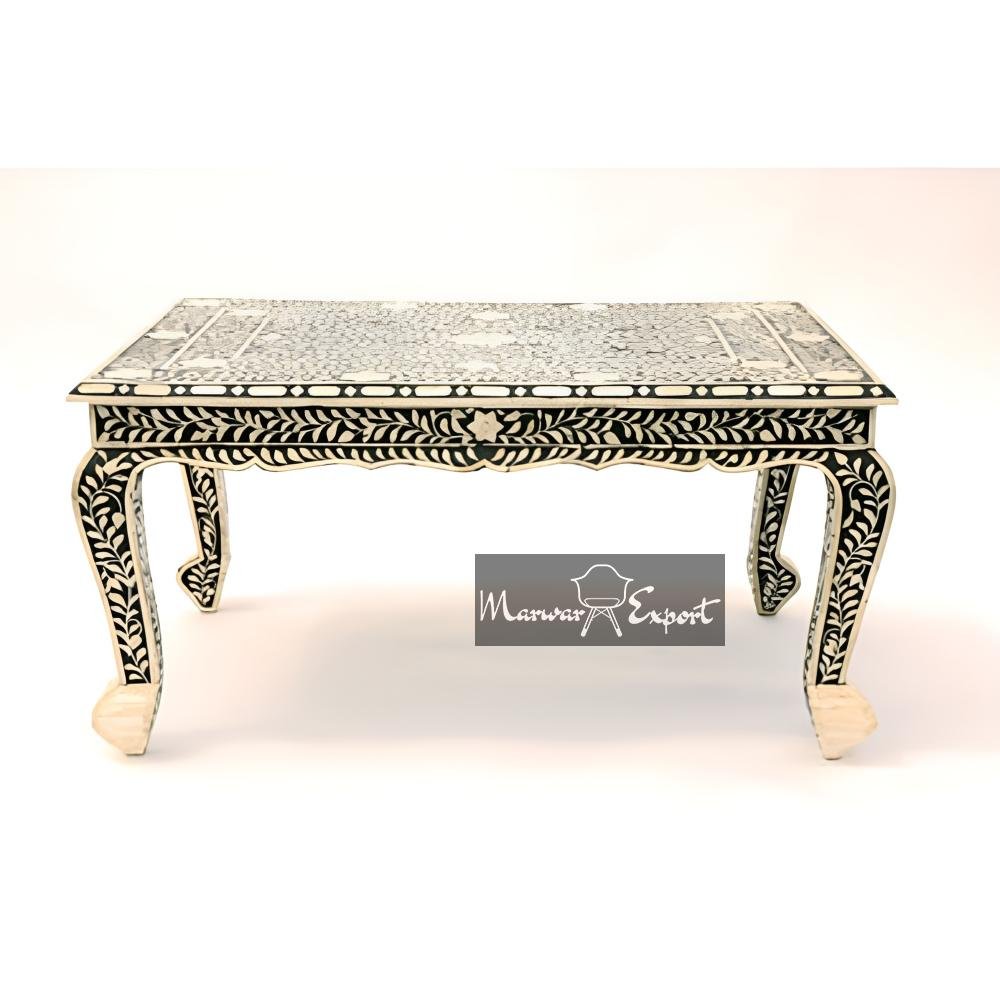 Black Bone Inlay Coffee Table | Bone Inlay Floral Design Coffee Table | Indian Bone Inlay Coffee Table | Living Room Table
