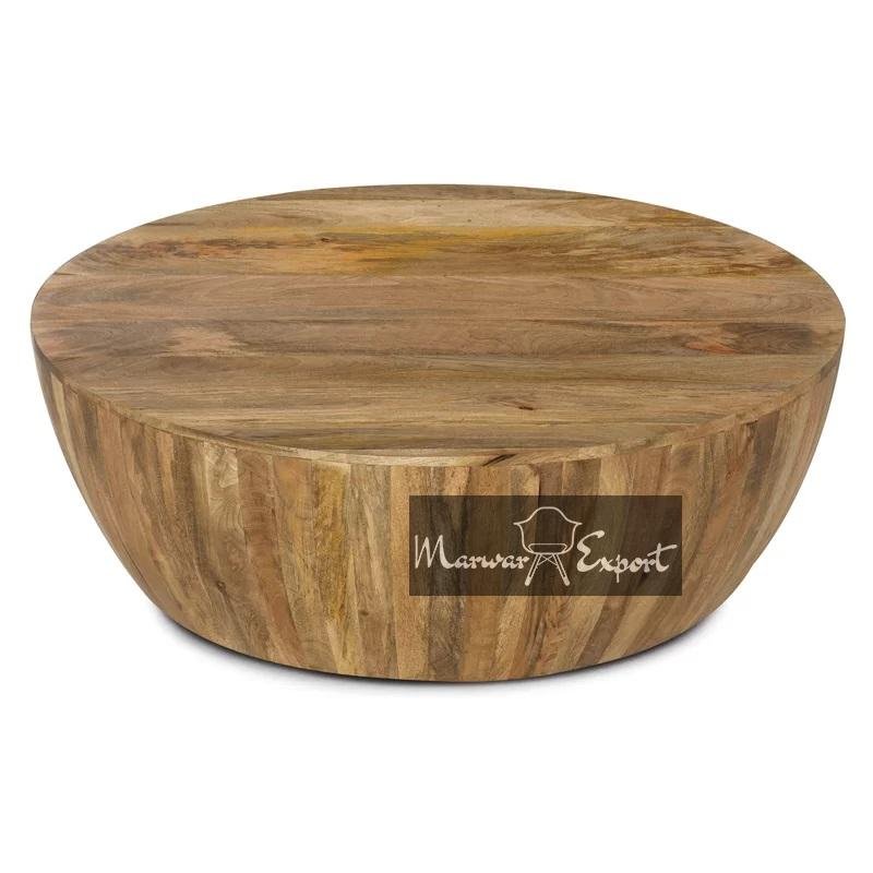Solid Mango Wood Drum Style Coffee Table | Round Mango Wood Coffee Table